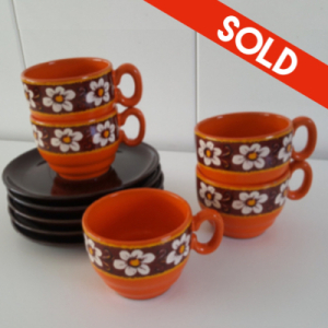 5 Orange Cups and Saucers